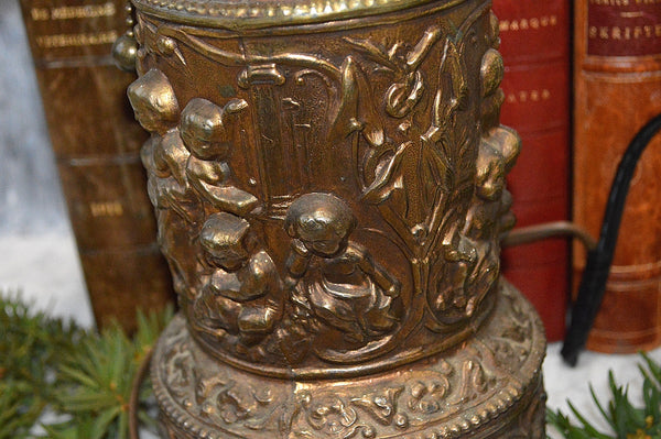 Antique Table Lamp Figural Cherubs Musical Instruments Brass 1907