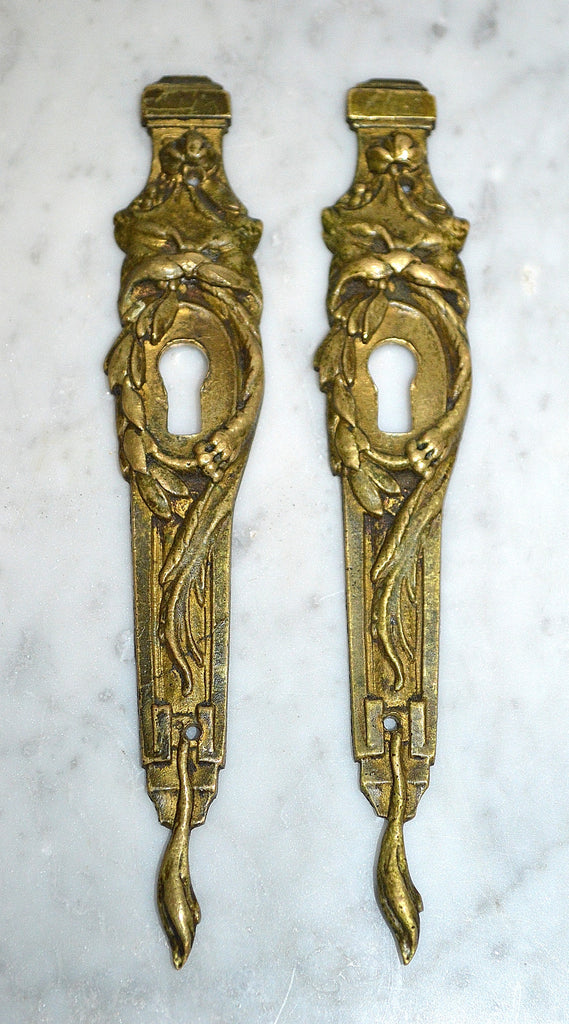 Antique Pair French Lion Head Bronze Ormolu Escutcheons Vertical Keyholes
