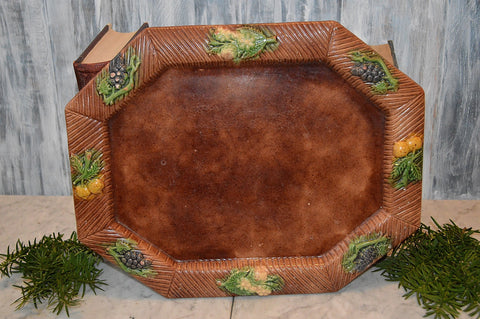 Antique Majolica Large Tray Platter Brown Fruit Motif Grapes and Lemons