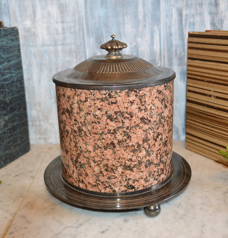 Antique English Biscuit Barrel Jar Pink Granite Silver Plate Footed