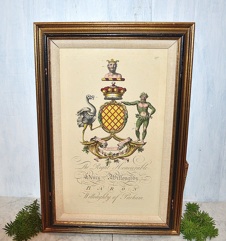 Antique Heraldic Crest Framed English Art Copper Engraving Hand Colored