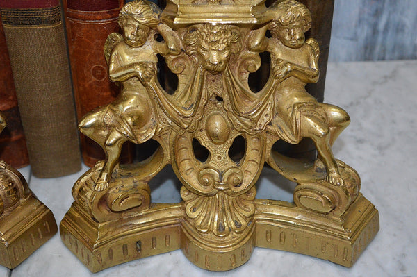 Antique French Brass Pair Cherub Fauns Figural Fireplace Chenets Andirons