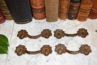 Antique French Drawer Pulls Handles Set of 4 Bronze Bow Ribbon Hardware