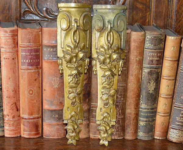Antique Pair French Pediments Bronze Rose Design Ormolu Mount Hardware - Antique Flea Finds - 1