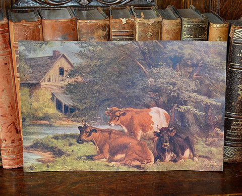 Antique Pastoral Lithograph Print With Cows And Barn Landscape Litho - Antique Flea Finds - 1