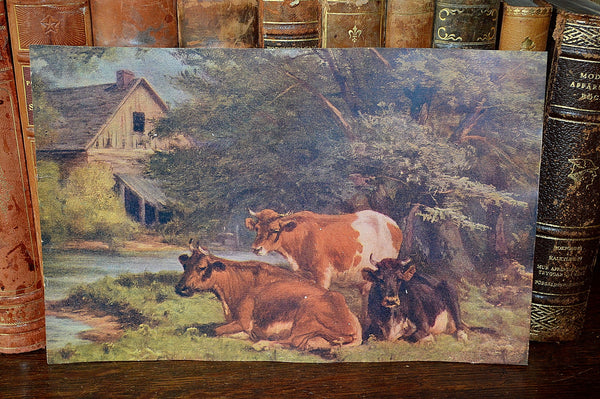 Antique Pastoral Lithograph Print With Cows And Barn Landscape Litho - Antique Flea Finds - 2