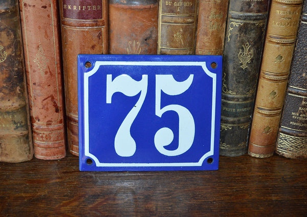 Vintage French Blue Enamel Sign Number 75 House Plaque - Antique Flea Finds - 1