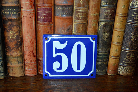 Vintage French Blue Enamel Sign Number 50 House Plaque - Antique Flea Finds - 1