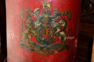 Antique Red Canvas English Fire or Cordite Bucket Coat of Arms Crest