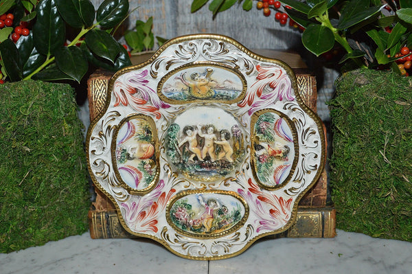 Vintage Capodimonte Cherub Dish Porcelain Raised Designs Gold Edging 2 Available