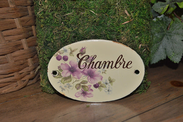 Vintage French Chambre Enamel Sign Chamber Bedroom Door Plaque