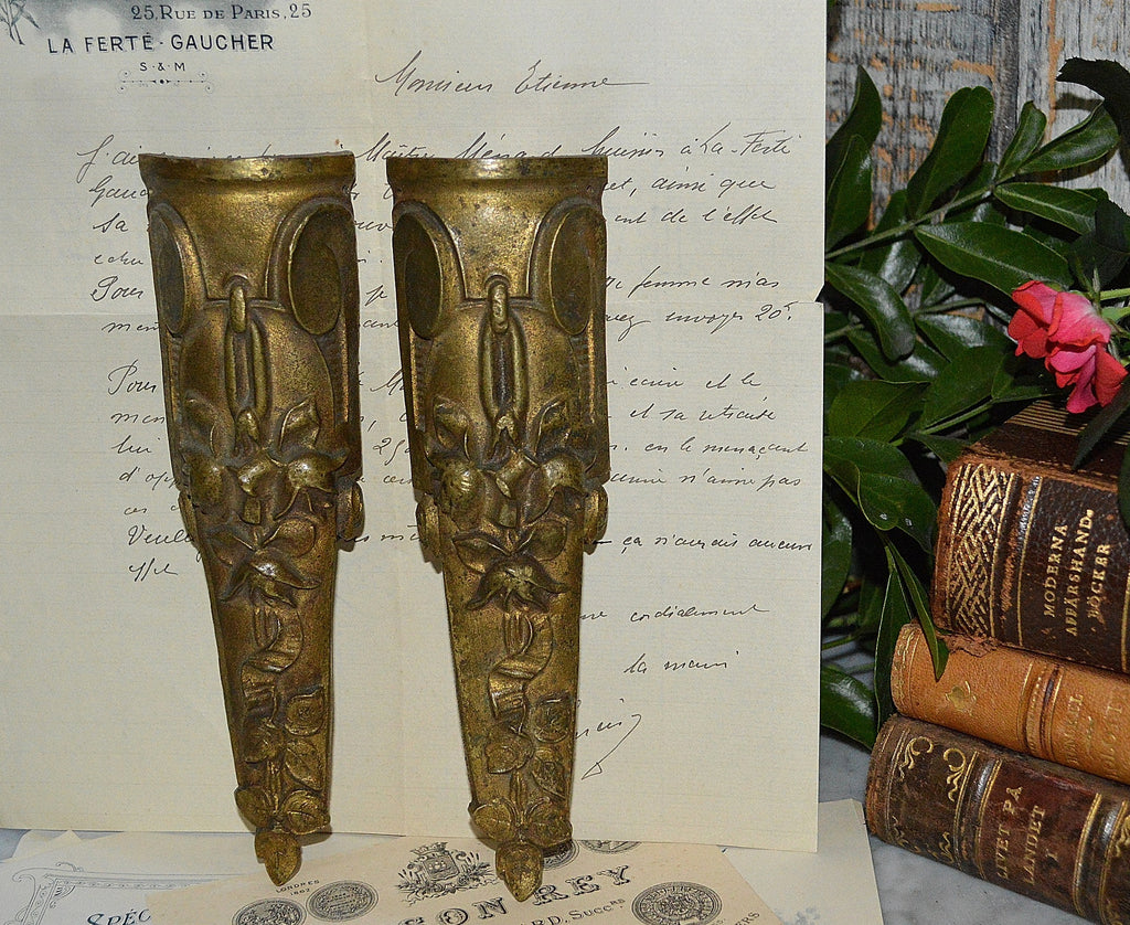 Antique Pair French Pediments Art Deco Floral Bronze Mount Hardware