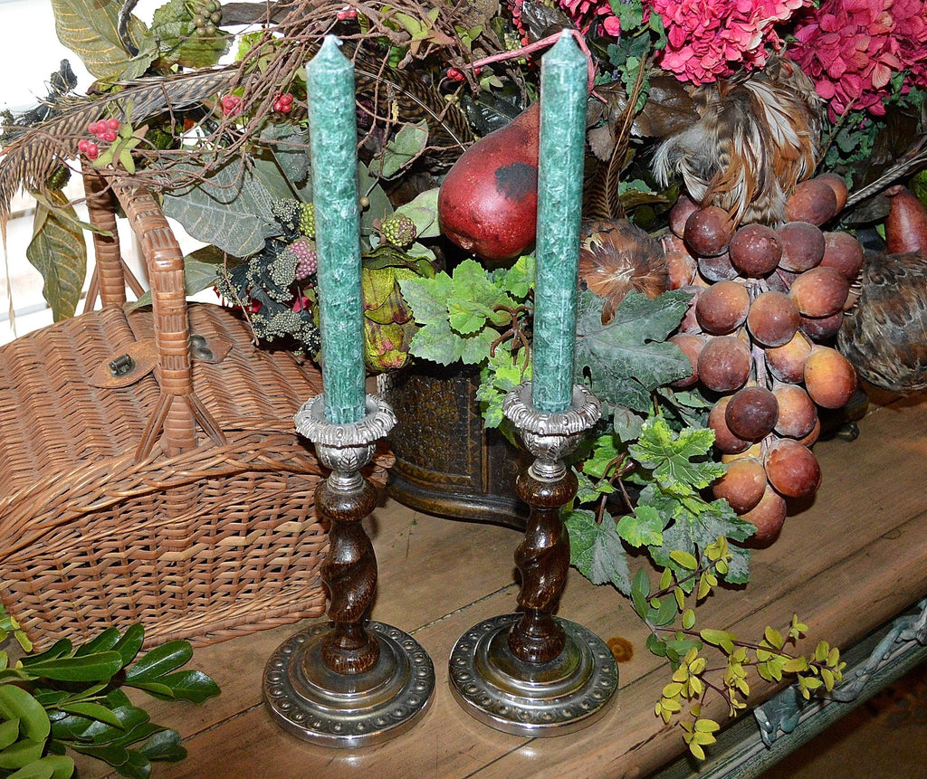 Antique English Barley Twist Candlesticks Pair Oak Chrome Candle Holders