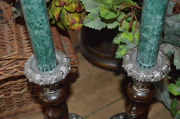 Antique English Barley Twist Candlesticks Pair Oak Chrome Candle Holders
