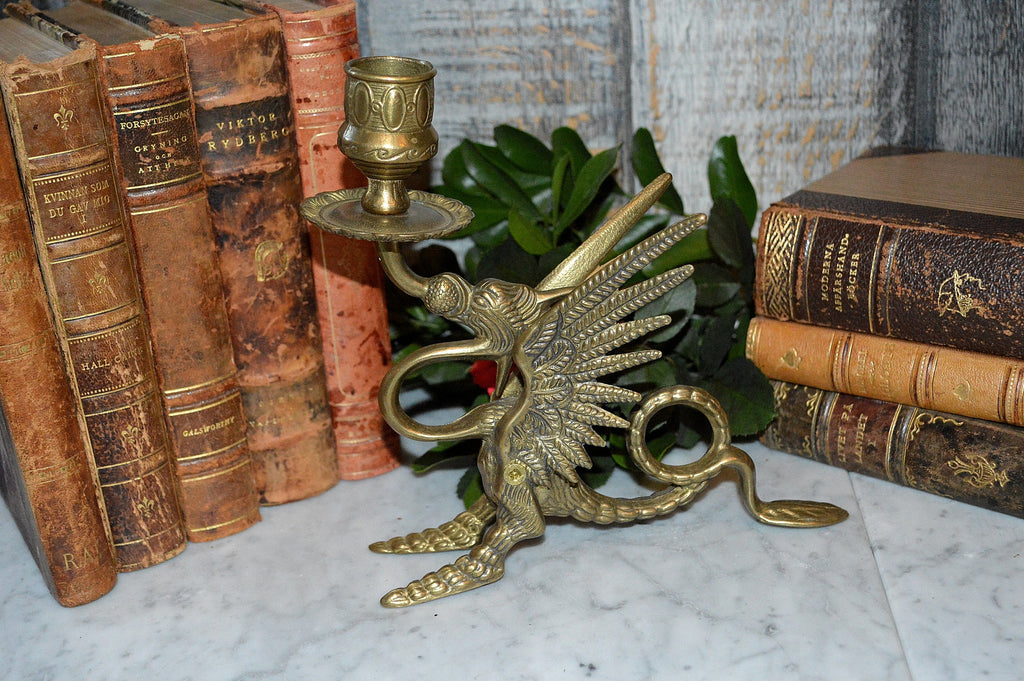 Vintage French Griffin Brass Candle Holder Dragon Gothic Candlestick