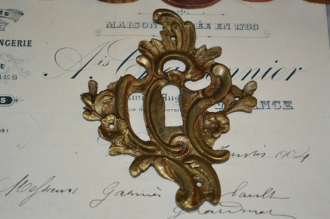 Antique French Escutcheon Large Bronze Floral Keyhole Hardware