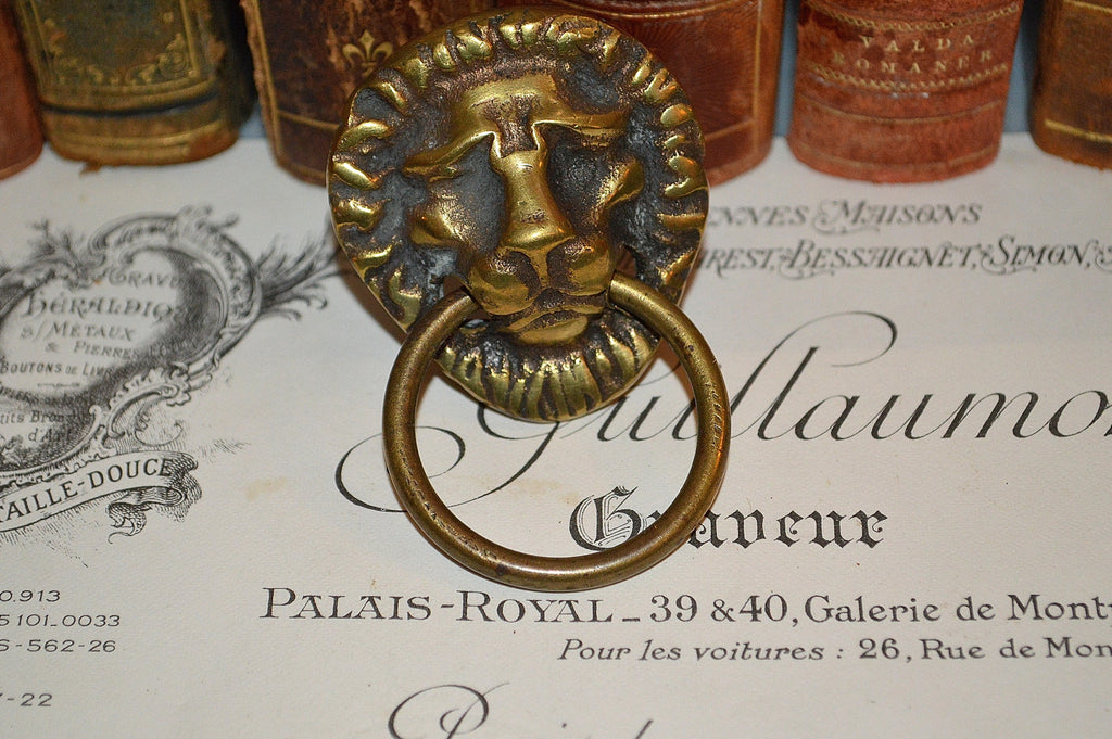 Antique French Lion Head Ring Drawer Pull Brass Hardware