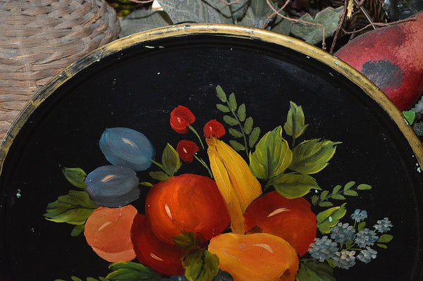 Antique Black Tole Tray Fruit and Flowers