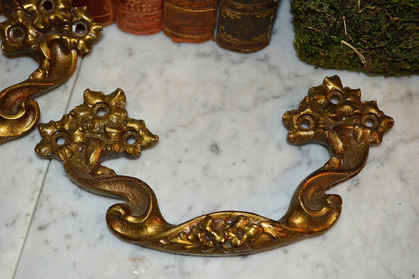 Antique Large Pair French Drawer Pulls Floral Brass Furniture Handles