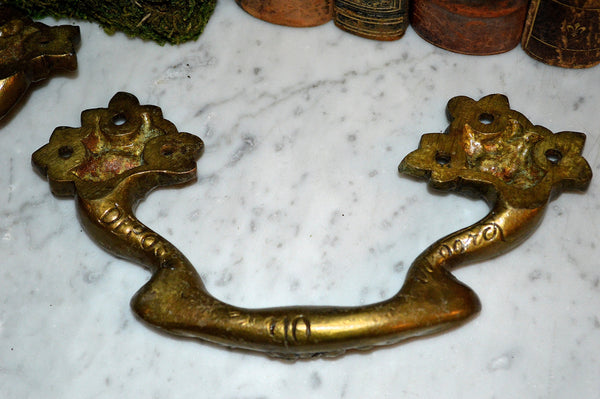 Antique Large Pair French Drawer Pulls Floral Brass Furniture Handles