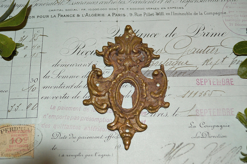 Antique French Bronze Furniture Escutcheon Ornate Keyhole 2 Available
