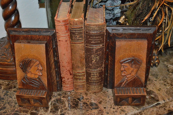 Antique French Bookends Carved Wood Breton Style Book Ends