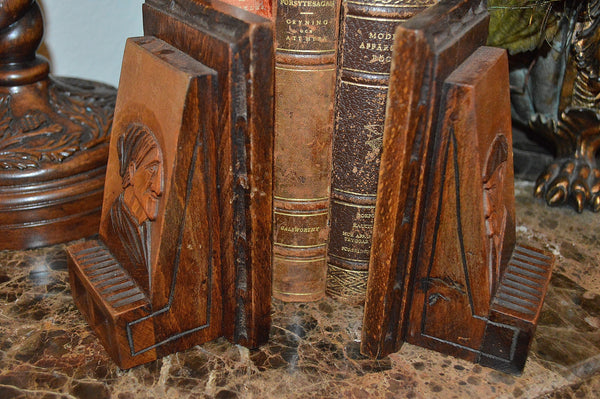 Antique French Bookends Carved Wood Breton Style Book Ends