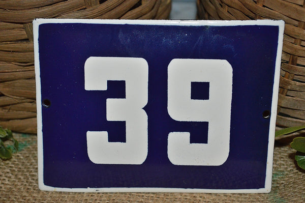 Vintage French Blue Enamel Sign Number 39 House Plaque