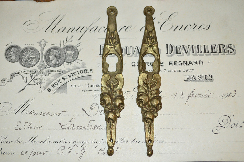 Antique Pair French Bronze Escutcheons Vertical Keyholes Roses