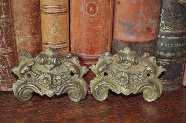 Antique French Pair Brass Ormolu Mounts Floral Design - Antique Flea Finds - 1