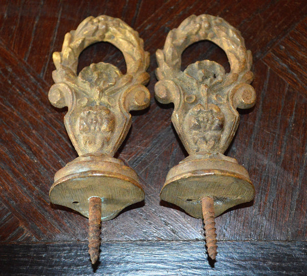 Antique Pair French Finialls Bronze Drapery Post Hardware Wreath Design - Antique Flea Finds - 1
