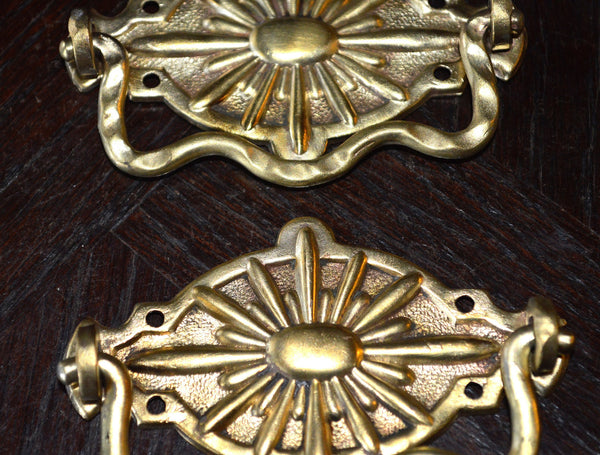 Vintage Pair Drawer Pulls French Brass Sunburst Pattern Hardware - Antique Flea Finds - 2