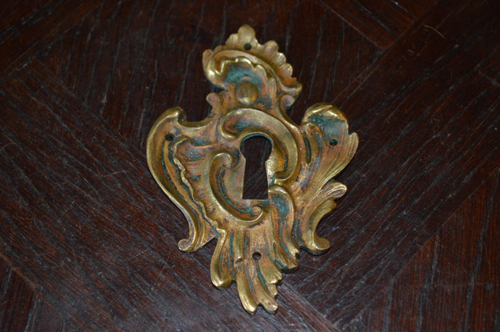 Antique Large French Escutcheon Bronze Ornate Keyhole Cover Hardware - Antique Flea Finds - 1