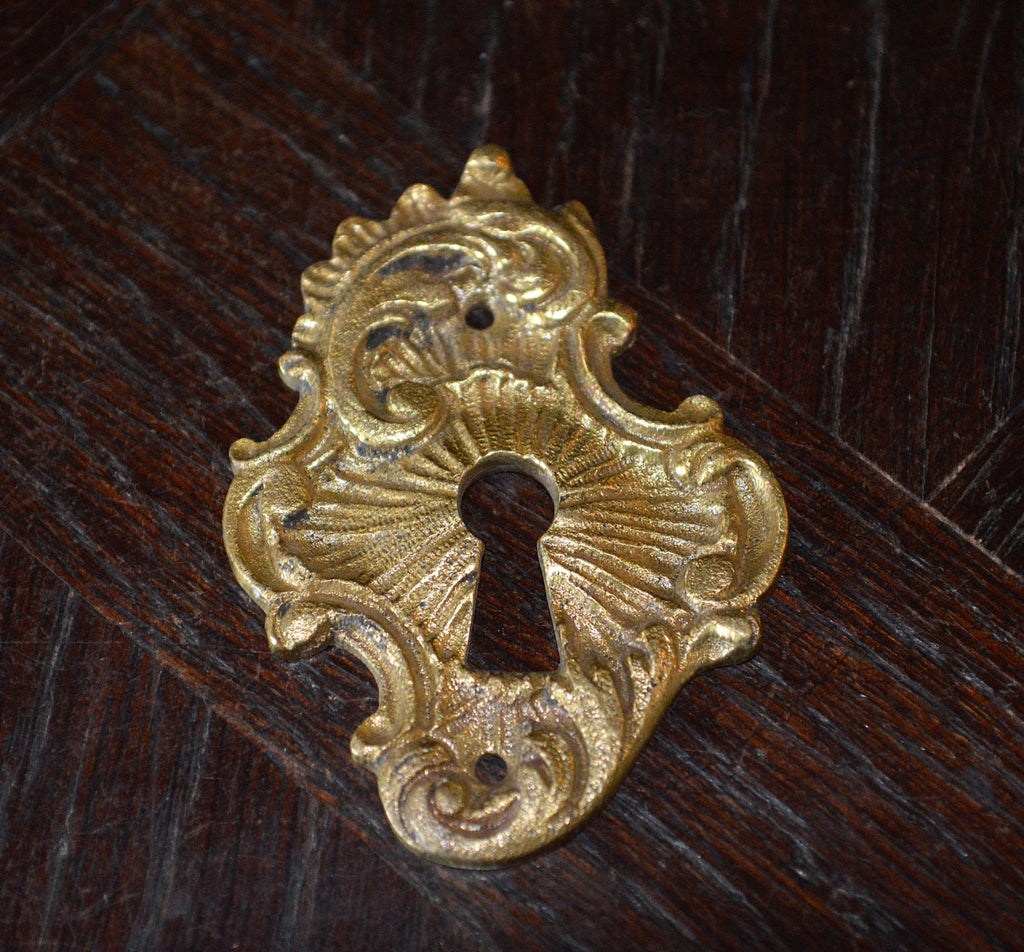 Antique French Escutcheon Gilt Bronze Sunburst Keyhole Hardware - Antique Flea Finds - 1
