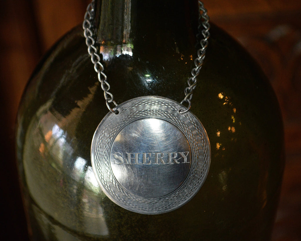 Antique Decanter Sherry Tag Round Label Bottle English Silver Plated - Antique Flea Finds
