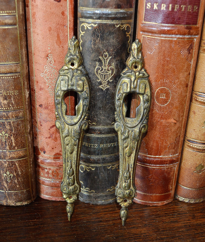 Antique Pair French Keyholes Gilt Bronze Vertical Escutcheons Hardware - Antique Flea Finds - 1