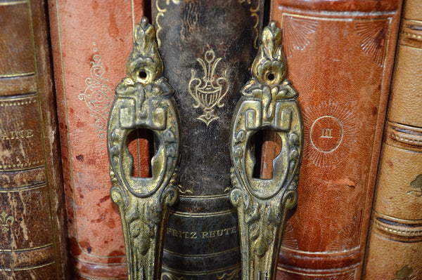 Antique Pair French Keyholes Gilt Bronze Vertical Escutcheons Hardware - Antique Flea Finds - 2