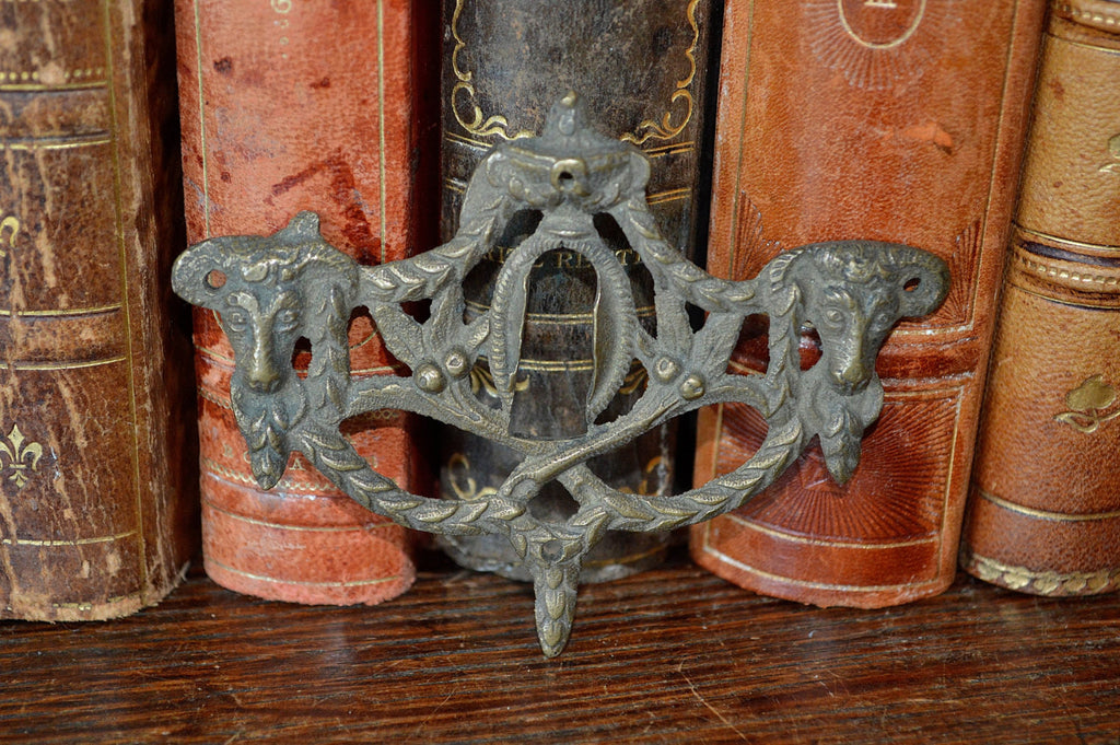 Antique French Keyhole Escutcheon Empire Urn Ram Heads Bronze Hardware - Antique Flea Finds - 1