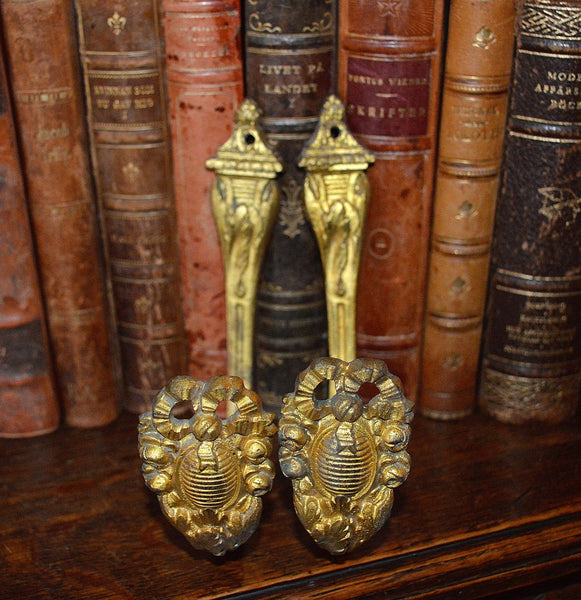 Antique Pair French Heavy Gilded Bronze Drapery Tie Backs Hooks Hardware Ornate Bow Floral Design - Antique Flea Finds - 1
