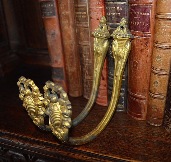Antique Pair French Heavy Gilded Bronze Drapery Tie Backs Hooks Hardware Ornate Bow Floral Design - Antique Flea Finds - 3