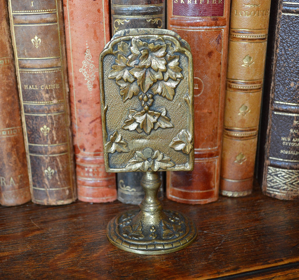 Antique French Match Safe Tabletop Stand Gilt Brass Grape Leaves - Antique Flea Finds - 1