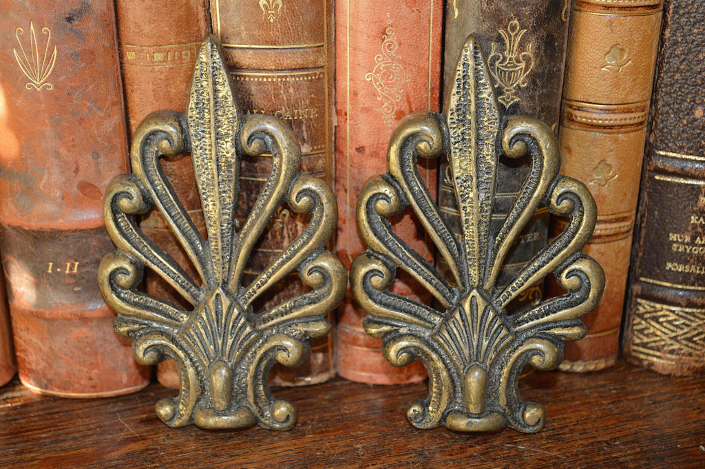 Antique French Pair Brass Palm Leaves Pediment Trim Hardware - Antique Flea Finds - 1