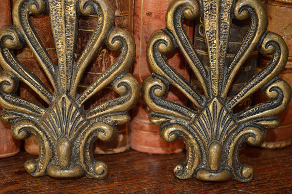 Antique French Pair Brass Palm Leaves Pediment Trim Hardware - Antique Flea Finds - 2
