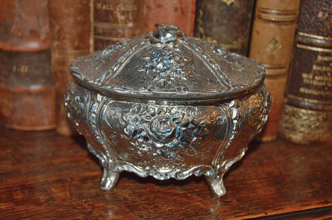 Vintage French Jewelry Box Silver Finish Rose Design - Antique Flea Finds - 1
