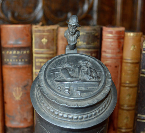 Antique German Pewter Stein Lidded With Relief Design & Figural Handle - Antique Flea Finds - 1
