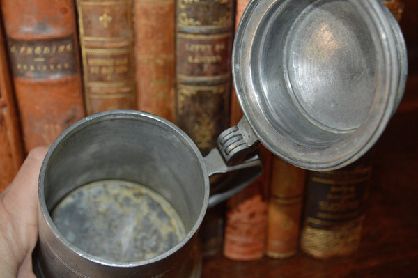 Antique German Pewter Stein Lidded With Relief Design & Figural Handle - Antique Flea Finds - 4